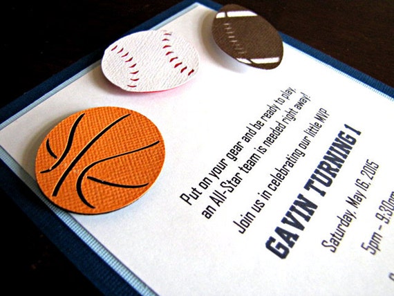 Sports Birthday Party Invitations, Sports Fan Baby Shower Invitation, Basketball, Football, Baseball - Set of 12 Il_570xn