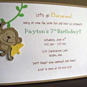May include: A brown and yellow monkey illustration with a banana on a white background. The text reads "Let's go Bananas!" and "Payton's 7th Birthday!!" with details about the party, including the date, time, location, and RSVP information.