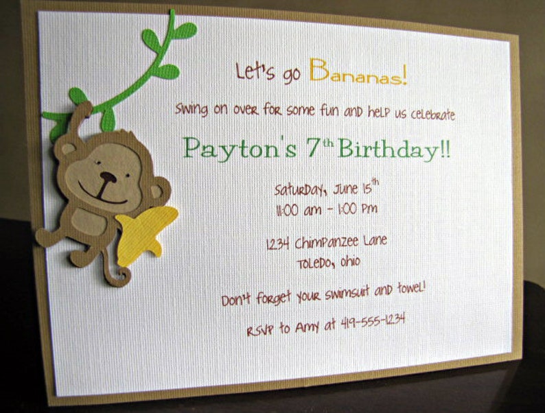 May include: A brown and yellow monkey illustration with a banana on a white background. The text reads "Let's go Bananas!" and "Payton's 7th Birthday!!" with details about the party, including the date, time, location, and RSVP information.