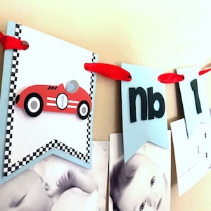 Vintage-Rennwagen-erstes Jahr-Fotobanner, schnelle monatliche Bildergirlande, 1. Geburtstag-Meilensteinbanner, Rennwagen-Partydekoration