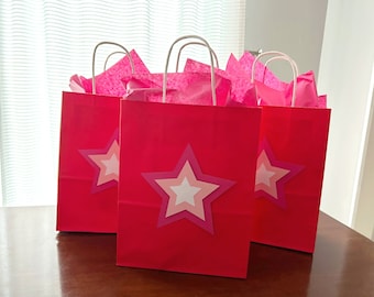 Star Party Favor Bags, American Birthday Party, Girl Doll Treat Bags, Pink Star Goodie Bags, Set of 12