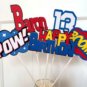 Superhero Birthday Party Centerpiece, Comic Book Party Decoration, Personalized Super Hero Birthday Table Decor