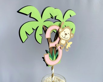 Monkey Party Cake Topper, Girl Monkey Birthday Decoration, Jungle Cake Topper