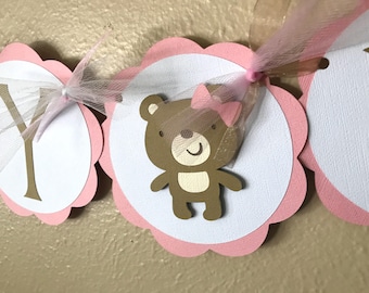 Teddy Bear Party Banner, Pink Bear Birthday Party Decoration, Girl Baby Shower Banner