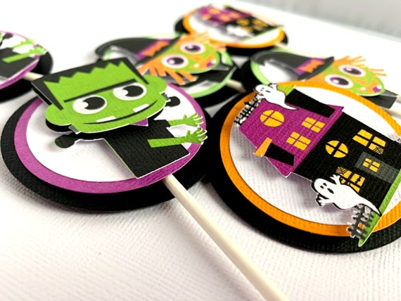 Halloween Cupcake Toppers, Halloween Birthday Party Decoration, Frankenstein Cupcake Picks, Haunted House, Witch, Set of 12 Il_570xn