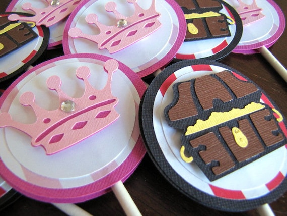 Princess and Pirate Party Cupcake Toppers, Princess Crown and Treasure Chest Toppers, Set of 12 Il_570xn