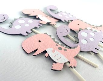 Girl Dinosaur Cupcake Toppers, Set of 12