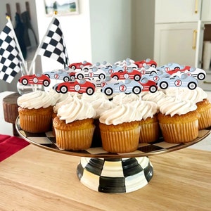 Race Car Cupcake Toppers, Two Fast Birthday Party Decoration, Fast One Cupcake Picks, Vintage Racing 2nd Birthday, Set of 12