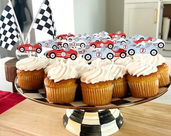 Race Car Cupcake Toppers, Two Fast Birthday Party Decoration, Fast One Cupcake Picks, Vintage Racing 2nd Birthday, Set of 12