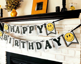 One Happy Dude Party Banner, Smile Face Birthday Decoration, Cool Dude Birthday Sign, Two Cool, Yellow Happy Face Retro Skater Rad Rocker