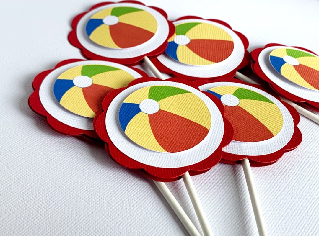 Beach Ball Cupcake Toppers, Pool Party Decoration, Summer Birthday