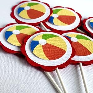 Beach Ball Cupcake Toppers, Pool Party Decoration, Summer Birthday Toppers, Beachball Shower, Set of 12