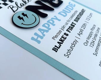 One Happy Dude Birthday Invitation, Smile Face Cool Rad Dude Party, Set of 12