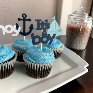 Nautical Party Cupcake Toppers, Ahoy It&#39;s A Boy Baby Shower, Anchor, Sailboat, Set of 12