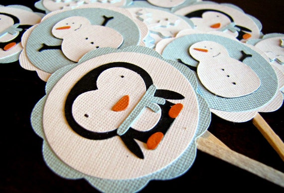 Penguin and Snowman Cupcake Toppers, Winter Wonderland Birthday Party Decoration - Set of 10 Il_570xn