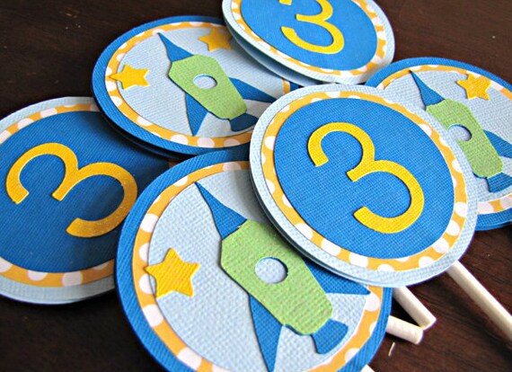 Rocket Cupcake Toppers, Outer Space Birthday Party Decoration, Set of 12 Il_570xn