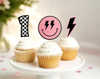 One Happy Girl Party Cupcake Toppers, Pink Smile Face Birthday, Set of 12