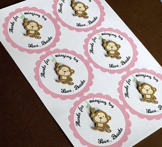 Monkey Party Stickers, Personalized Monkey Stickers, Girl Monkey Stickers, Monkey Party Labels, Monkey Favor Thank You Stickers, Set of 12 Il_570xn