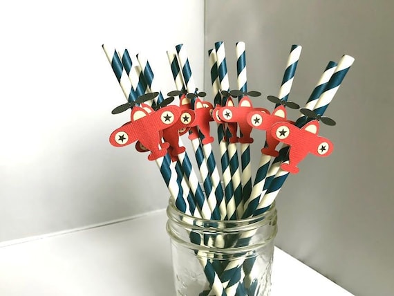 Airplane Party Straws, Vintage Biplane Baby Shower Decoration, Airplane 1st Birthday Straws, Set of 10 Il_570xn