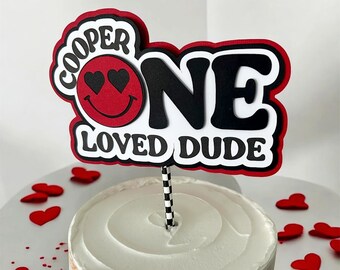 One Loved Dude Cake Topper, Red Smile Face Birthday Decor, Valentines Day Cool Dude Party, Heart Eyes Retro Skater Rad Rocker Cake Smash