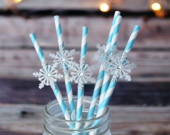 Silver Glitter Snowflake Straws, Winter Wonderland Party Decorations, Frozen Birthday, Set of 10