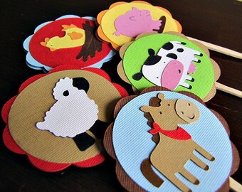 Farm Birthday Party Cupcake Toppers, Barn Animal Party Decoration, Set of 12