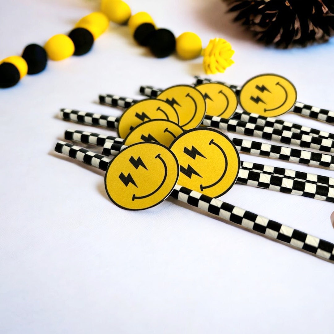 One Happy Dude Straws, Smile Face Birthday Party Decoration, Two Cool Party Straws, Yellow Happy