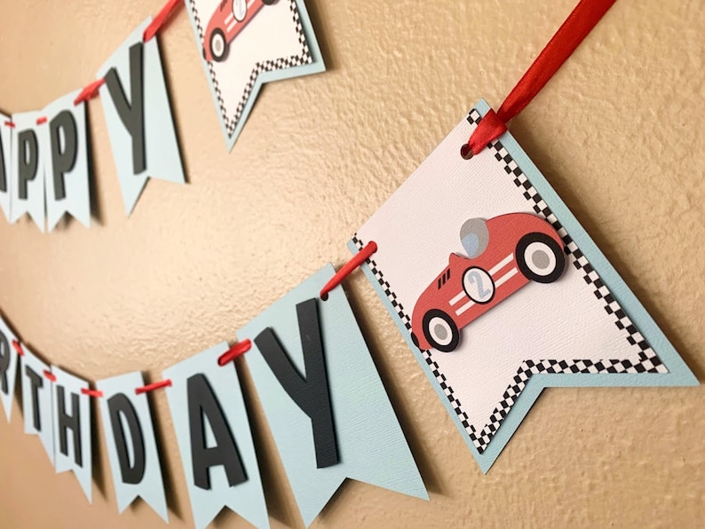 Race Car Party Banner, Two Fast Birthday Decoration, Vintage Racing Fast One Sign, Need Four Speed image 2