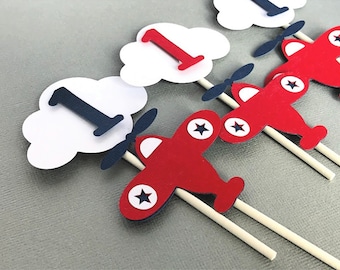 Airplane Cupcake Toppers: Vintage Biplane 1st Birthday Party, Set of 12