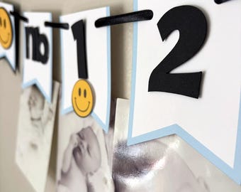 Happy Face Party First Year Photo Banner, Yellow and Blue Birthday Milestone Garland