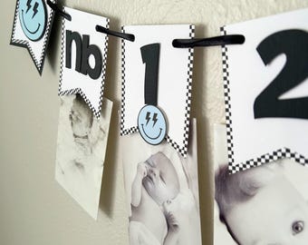 One Happy Dude First Year Photo Banner, Cool Dude Monthly Picture Garland, Smile Face Birthday Milestone Sign