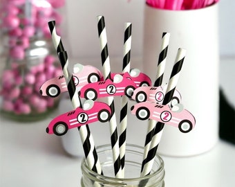 Pink Race Car Straws, Girl Two Fast Party Favor, Fast One Birthday Decoration, Retro Racing Straws, Need Four Speed, Set of 10