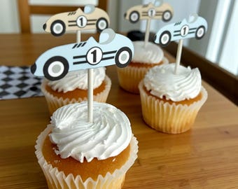 Vintage Race Car Cupcake Toppers, Fast One Birthday Party, Two Fast, Set of 12