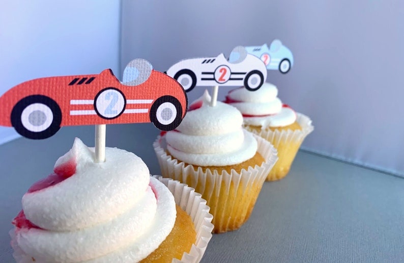 Race Car Cupcake Toppers, Two Fast Birthday Party Decoration, Fast One Cupcake Picks, Vintage Racing 2nd Birthday, Set of 12 image 2