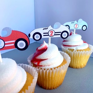 Race Car Cupcake Toppers, Two Fast Birthday Party Decoration, Fast One Cupcake Picks, Vintage Racing 2nd Birthday, Set of 12 image 4