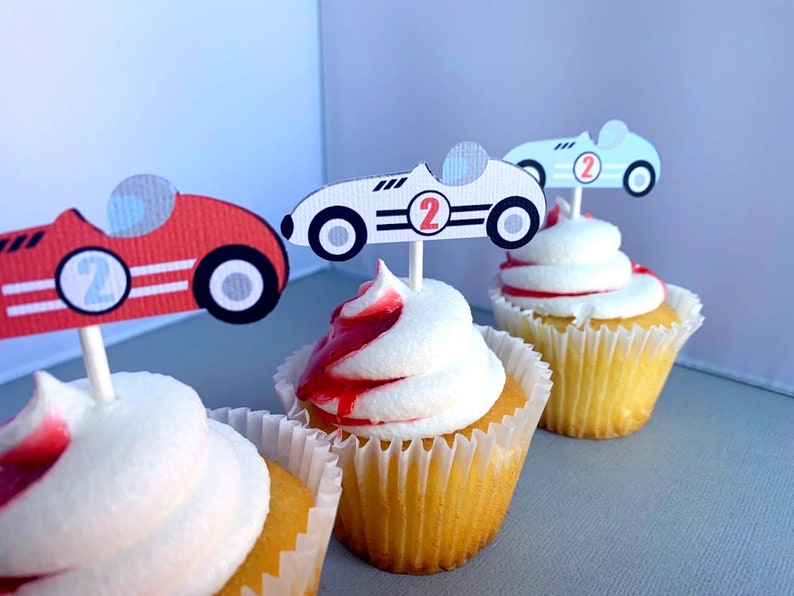 Race Car Cupcake Toppers, Two Fast Birthday Party Decoration, Fast One Cupcake Picks, Vintage Racing 2nd Birthday, Set of 12 image 4