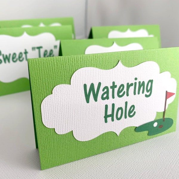 Golf Party Food Labels, Masters Menu Tent Cards, Hole In One Birthday Decoration, Set of 10
