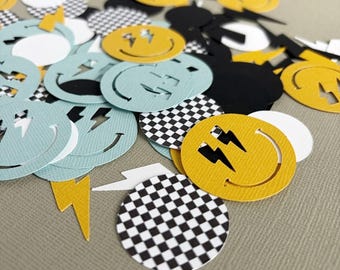 Blue and Yellow Happy Dude Party Confetti, Rad Checkered Birthday