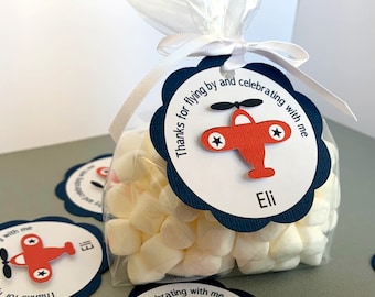 Personalized Airplane Favor Tags, Vintage Biplane Birthday Party Thank You Labels