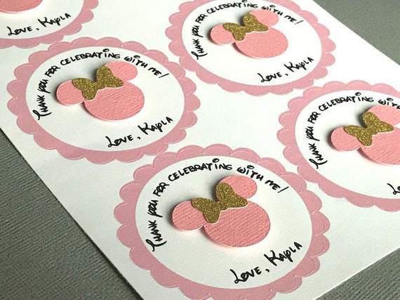 Minnie Mouse Stickers, Personalized Minnie Mouse Labels, Minnie Mouse Thank You Stickers, Minnie Mouse Birthday Party, Pink Gold, Set of 12 Il_570xn