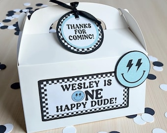 One Happy Dude Birthday Party Favor Box, Personalized Smile Face Treat Gift Box