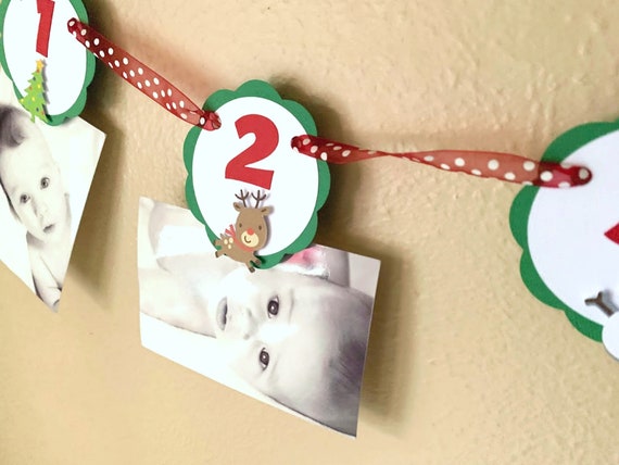 Christmas First Year Photo Banner, 12 Month Picture Banner, Christmas 1st Birthday Party Decoration, Holiday Time Line Banner Il_570xn