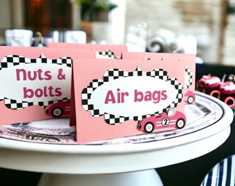 Pink Race Car Food Labels, Girl Two Fast Birthday, Pink Retro Racing Menu Tent Cards, Fast One Party Decoration, Set of 10