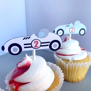 Race Car Cupcake Toppers, Two Fast Birthday Party Decoration, Fast One Cupcake Picks, Vintage Racing 2nd Birthday, Set of 12 image 3