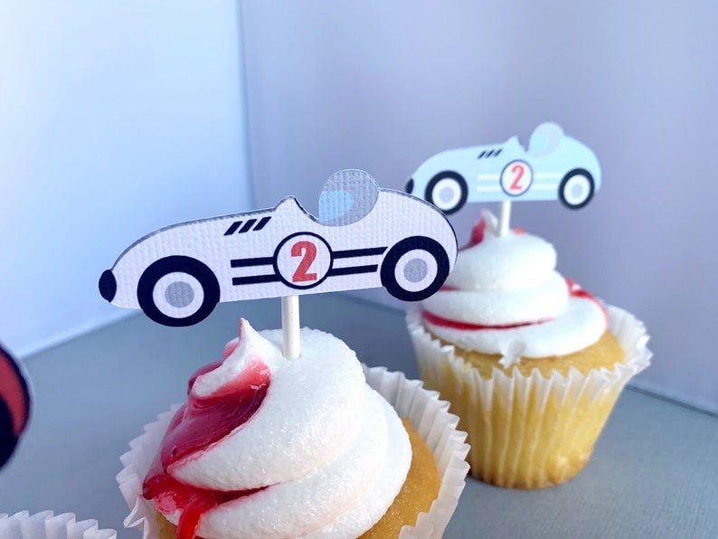 Race Car Cupcake Toppers, Two Fast Birthday Party Decoration, Fast One Cupcake Picks, Vintage Racing 2nd Birthday, Set of 12 image 3