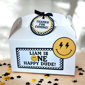 One Happy Dude Party Favor Boxes, Two Cool Personalized Birthday Party Supplies,  Yellow Smile Face Gable Goodie Boxes, Set of 10