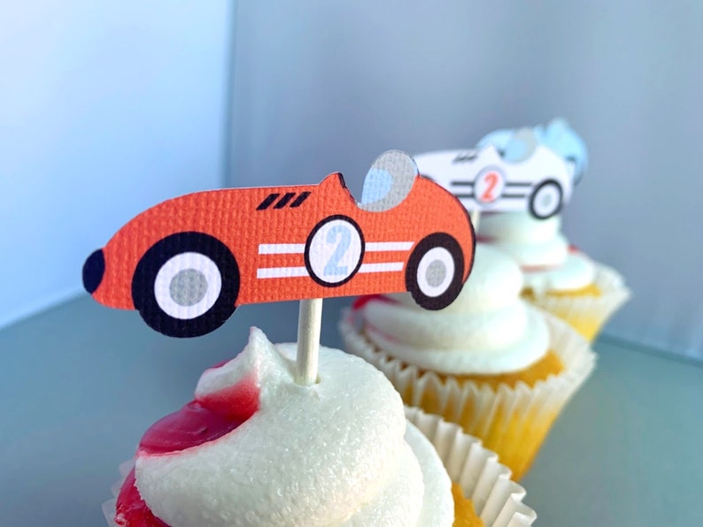 Race Car Cupcake Toppers, Two Fast Birthday Party Decoration, Fast One Cupcake Picks, Vintage Racing 2nd Birthday, Set of 12 image 1