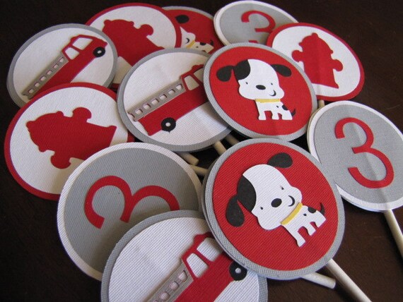 Firetruck Party Cupcake Toppers, Fireman Birthday Decoration, Boy Fire Truck Dalmation Topper, Set of 12 Il_570xn