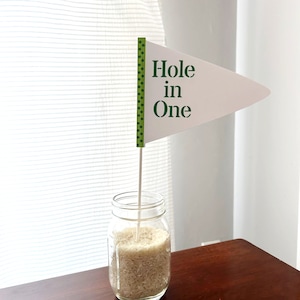 May include: A white triangular flag with green polka dot trim and the text "Hole in One" in green letters. The flag is attached to a stick and placed in a glass jar filled with white rice.