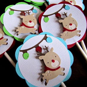 Reindeer Cupcake Toppers, Christmas Birthday Party Decoration, Rudolph Cupcake Picks, Set of 12